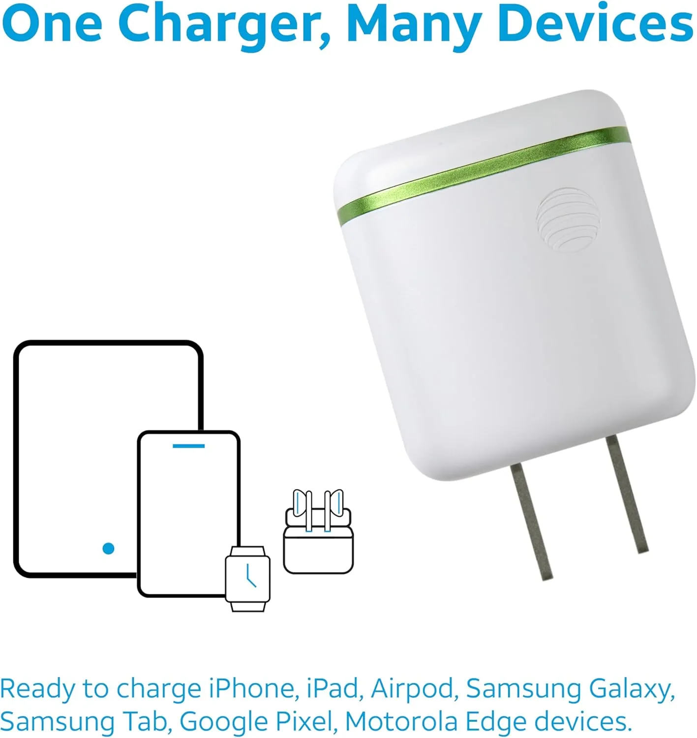 AT&T USB-C Wall Charger Fast Charging Power Adapter Foldable Prongs Travel-Friendly for Compatible with iPhone iPad Samsung Galaxy Google Pixel (30W White)