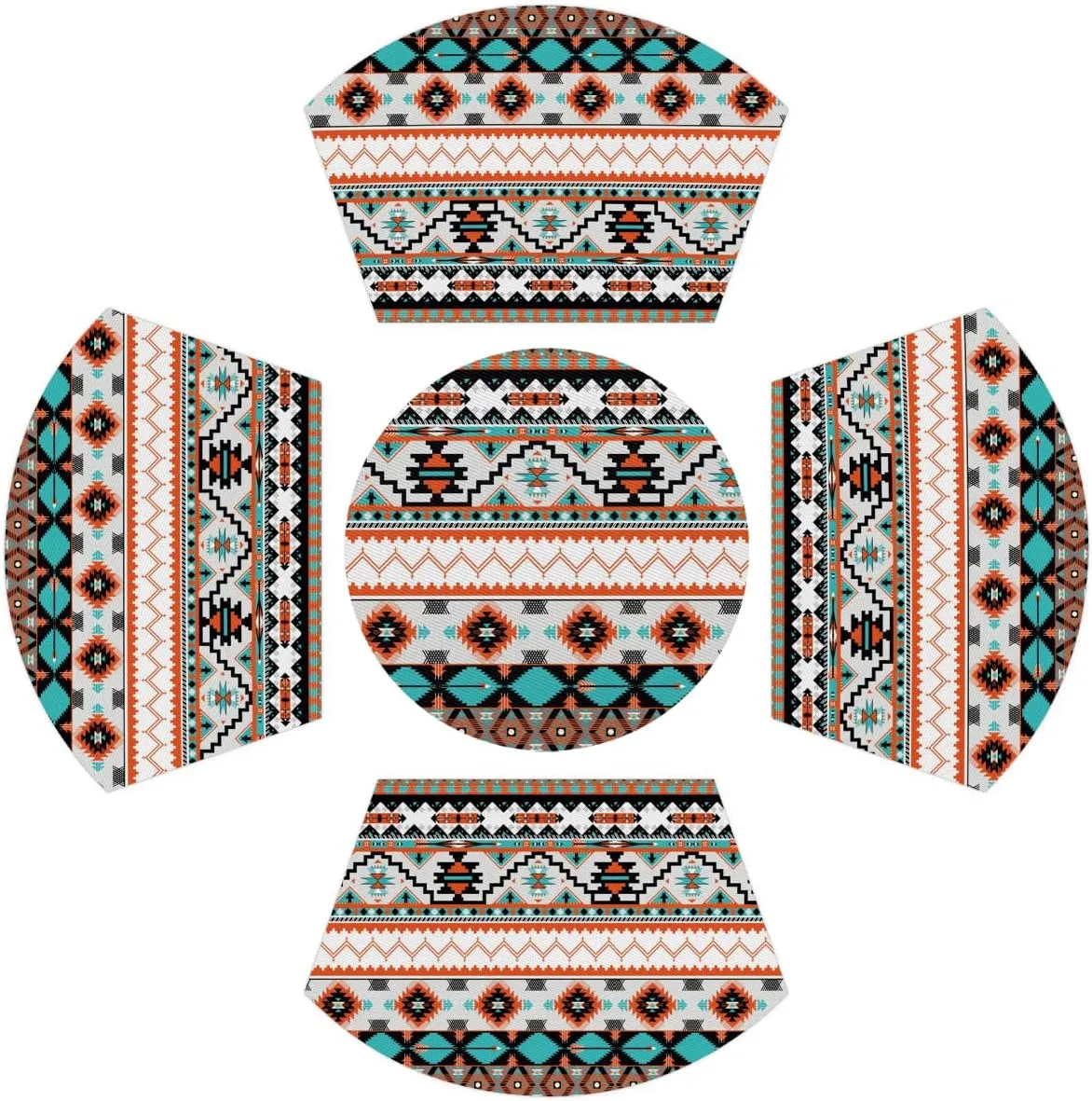 Aztec PVC Placemats for Round Table Set of 4 with Round Centerpiece Mat, Traditional Western Style Wedge Table Mats Washable Heat Resistant Dining Table for Kitchen Indoor Outdoor Cloth Placemat