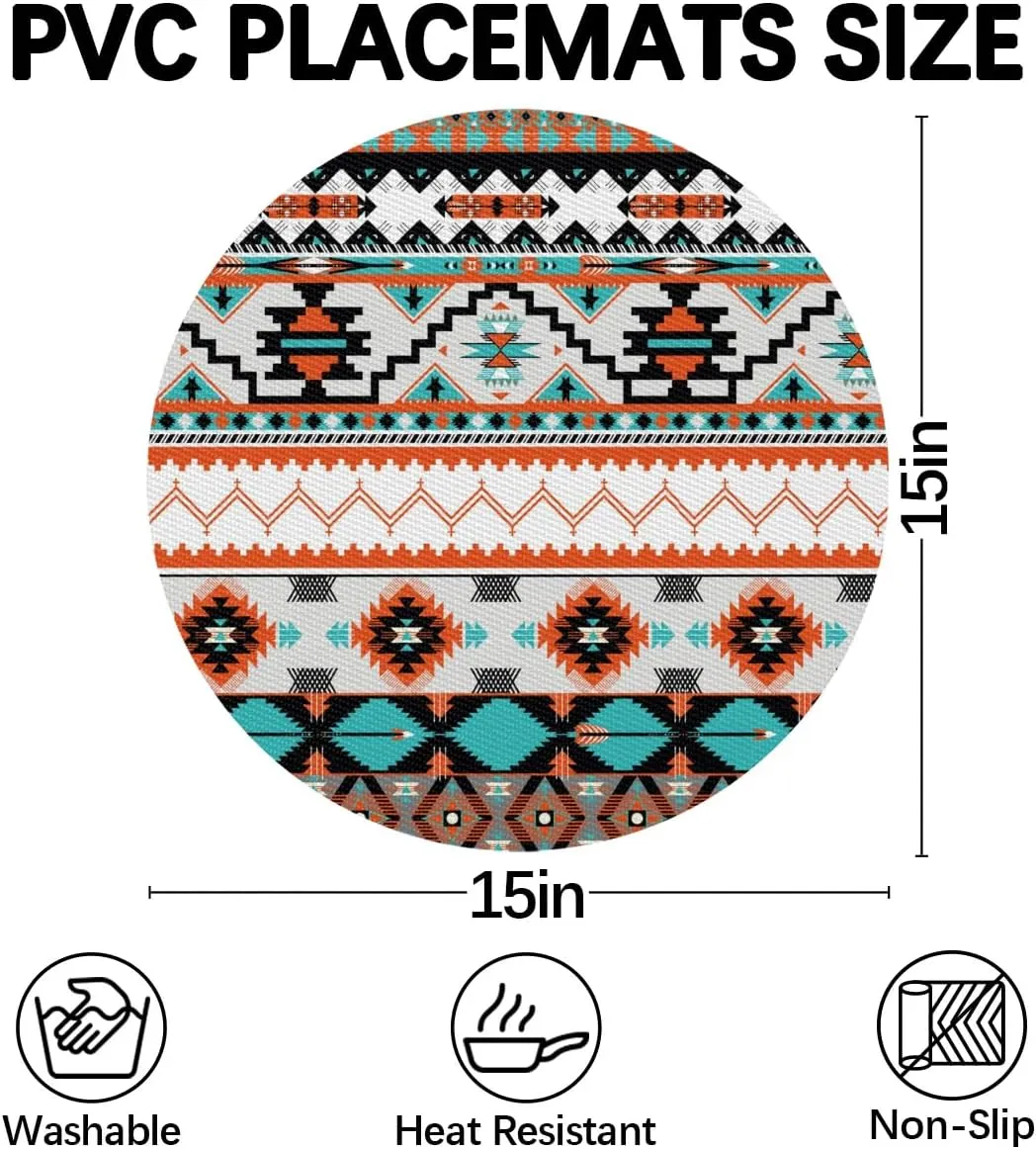 Aztec PVC Placemats for Round Table Set of 4 with Round Centerpiece Mat, Traditional Western Style Wedge Table Mats Washable Heat Resistant Dining Table for Kitchen Indoor Outdoor Cloth Placemat