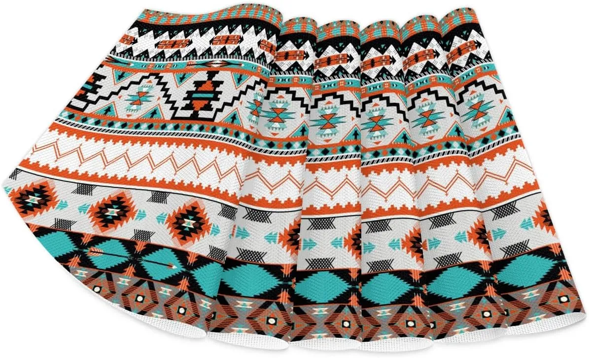 Aztec PVC Placemats for Round Table Set of 4 with Round Centerpiece Mat, Traditional Western Style Wedge Table Mats Washable Heat Resistant Dining Table for Kitchen Indoor Outdoor Cloth Placemat