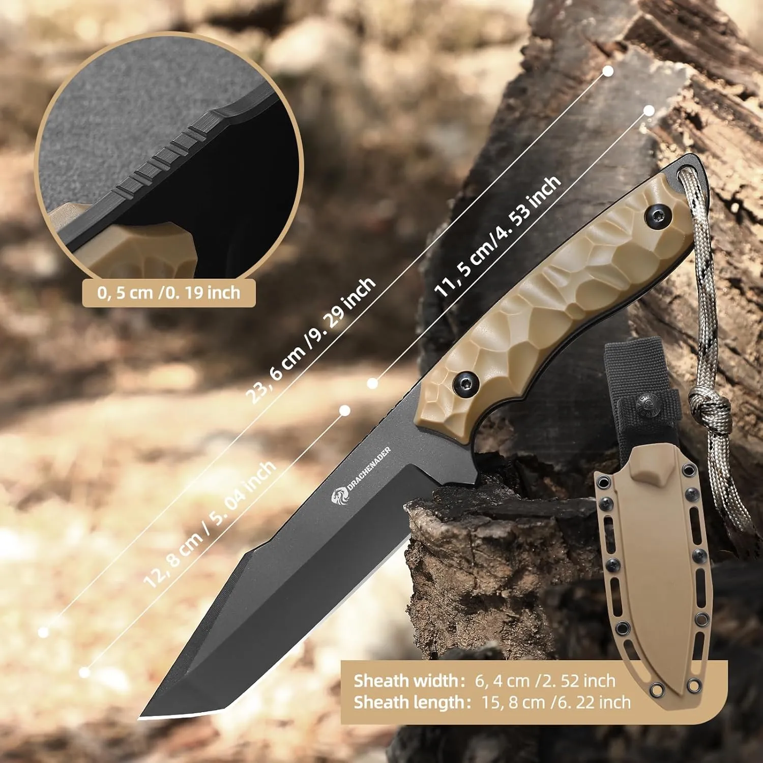 B-ER-TANTO POINT Fixed Blade Tanto Knife with Sheath, 5cr14mov Steel, 9.29" Tactical Knife for Men with Full Tang Design, Khaki