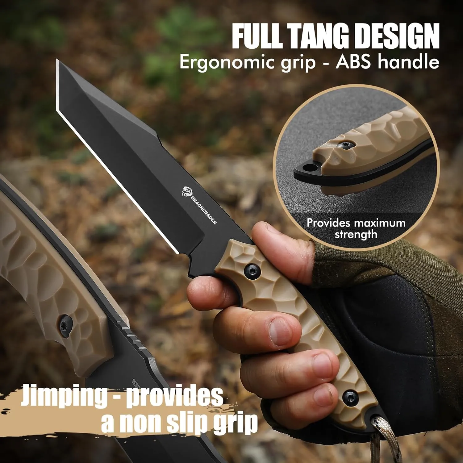 B-ER-TANTO POINT Fixed Blade Tanto Knife with Sheath, 5cr14mov Steel, 9.29" Tactical Knife for Men with Full Tang Design, Khaki