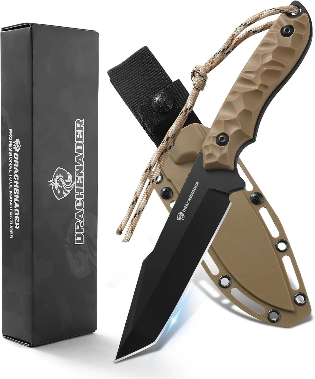 B-ER-TANTO POINT Fixed Blade Tanto Knife with Sheath, 5cr14mov Steel, 9.29" Tactical Knife for Men with Full Tang Design, Khaki