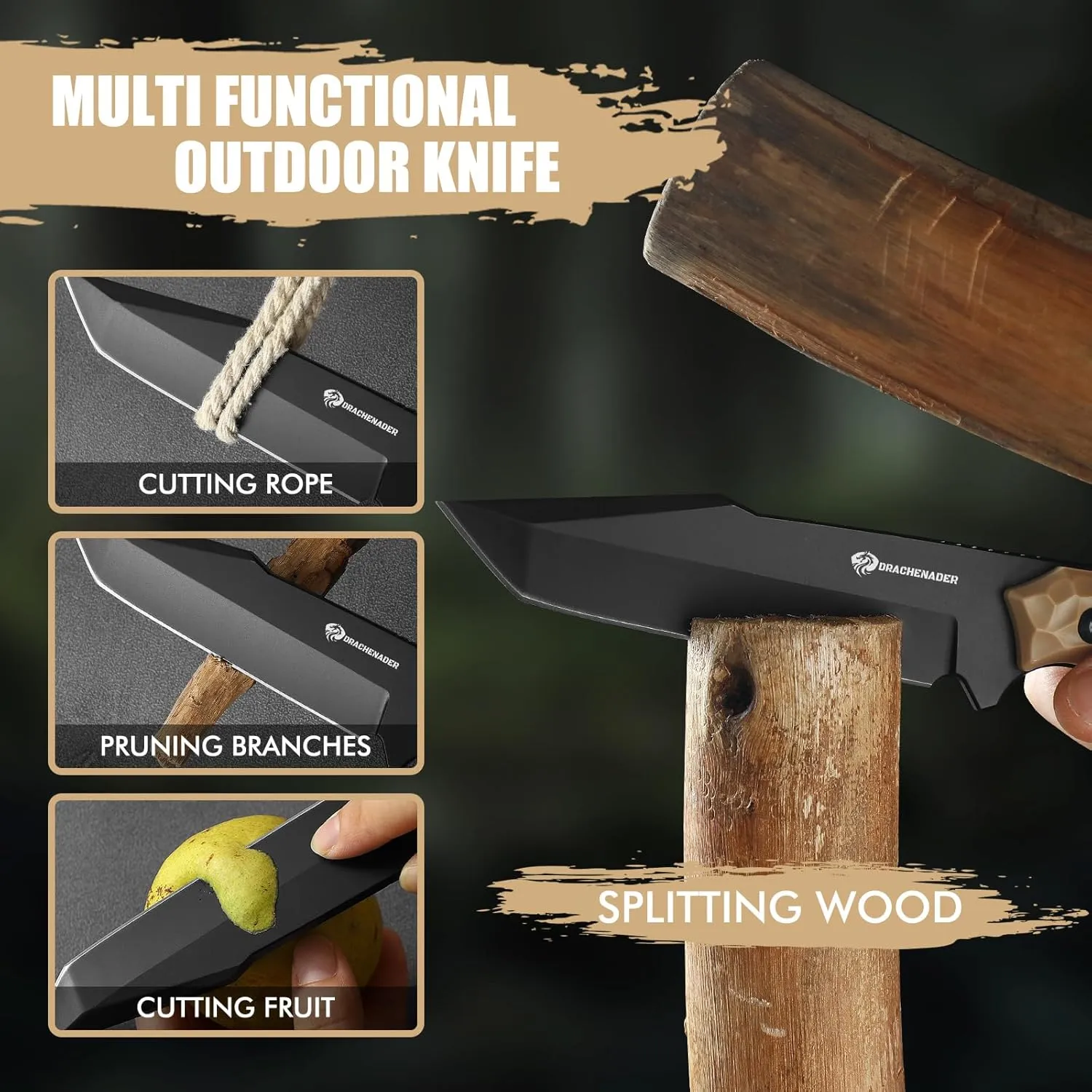 B-ER-TANTO POINT Fixed Blade Tanto Knife with Sheath, 5cr14mov Steel, 9.29" Tactical Knife for Men with Full Tang Design, Khaki