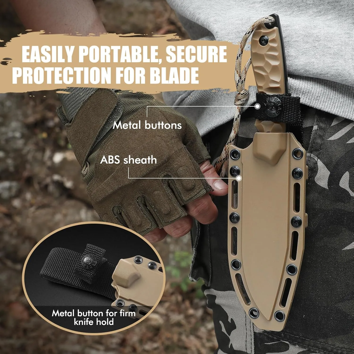 B-ER-TANTO POINT Fixed Blade Tanto Knife with Sheath, 5cr14mov Steel, 9.29" Tactical Knife for Men with Full Tang Design, Khaki