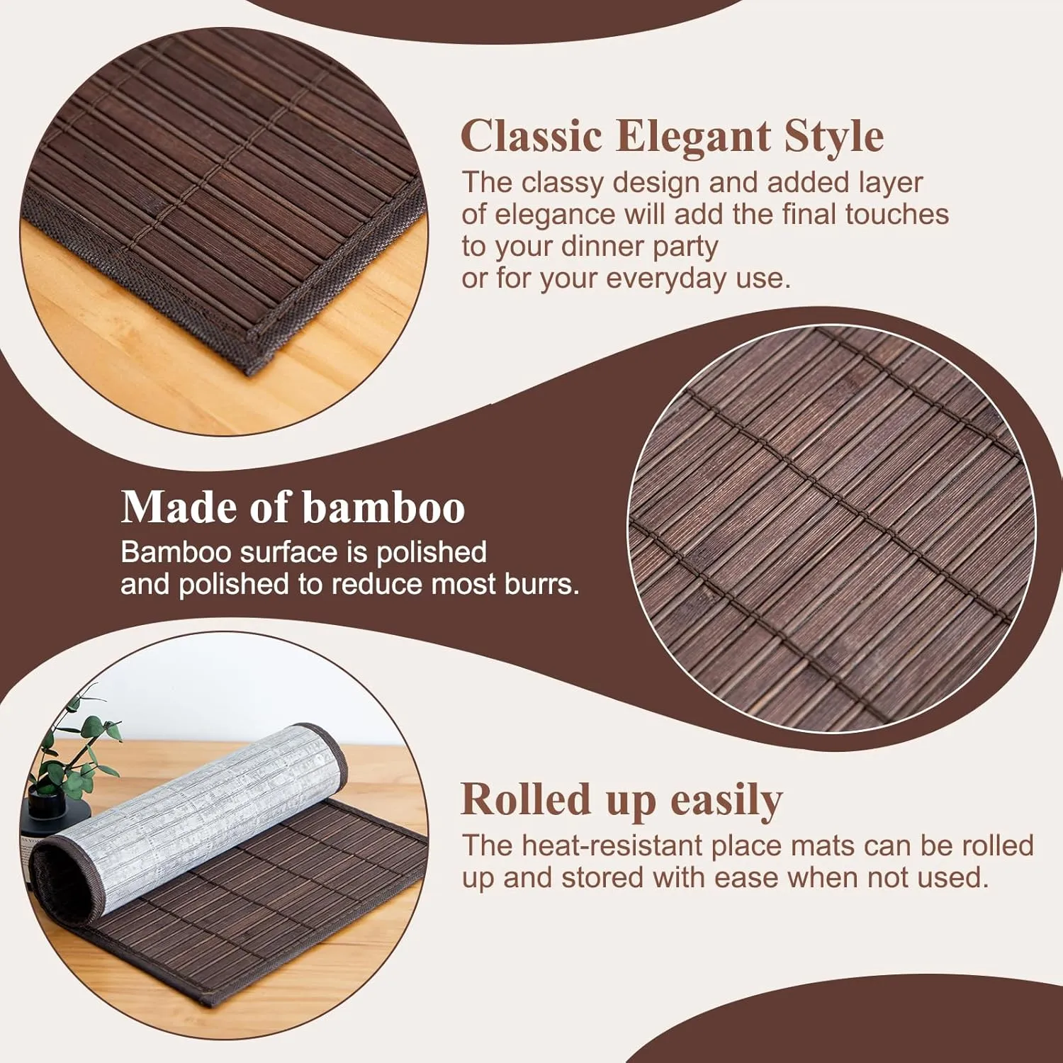 Bamboo Placemats Set of 8 Rectangular Natural Bamboo Table Mats for Dining Kitchen Table Protection Heat Resistant 17.7" W x 11.8" L Dark Brown