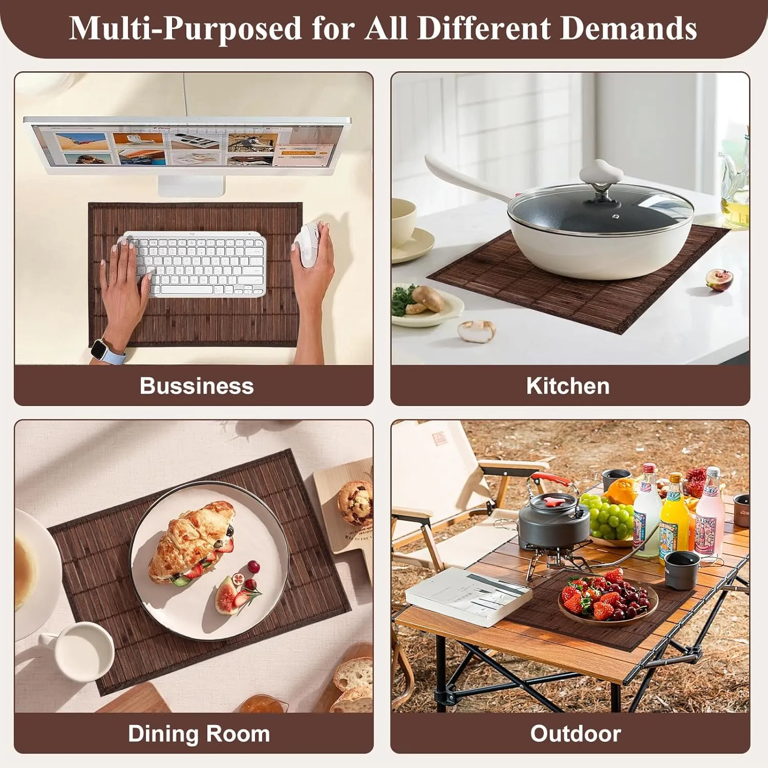 Bamboo Placemats Set of 8 Rectangular Natural Bamboo Table Mats for Dining Kitchen Table Protection Heat Resistant 17.7" W x 11.8" L Dark Brown
