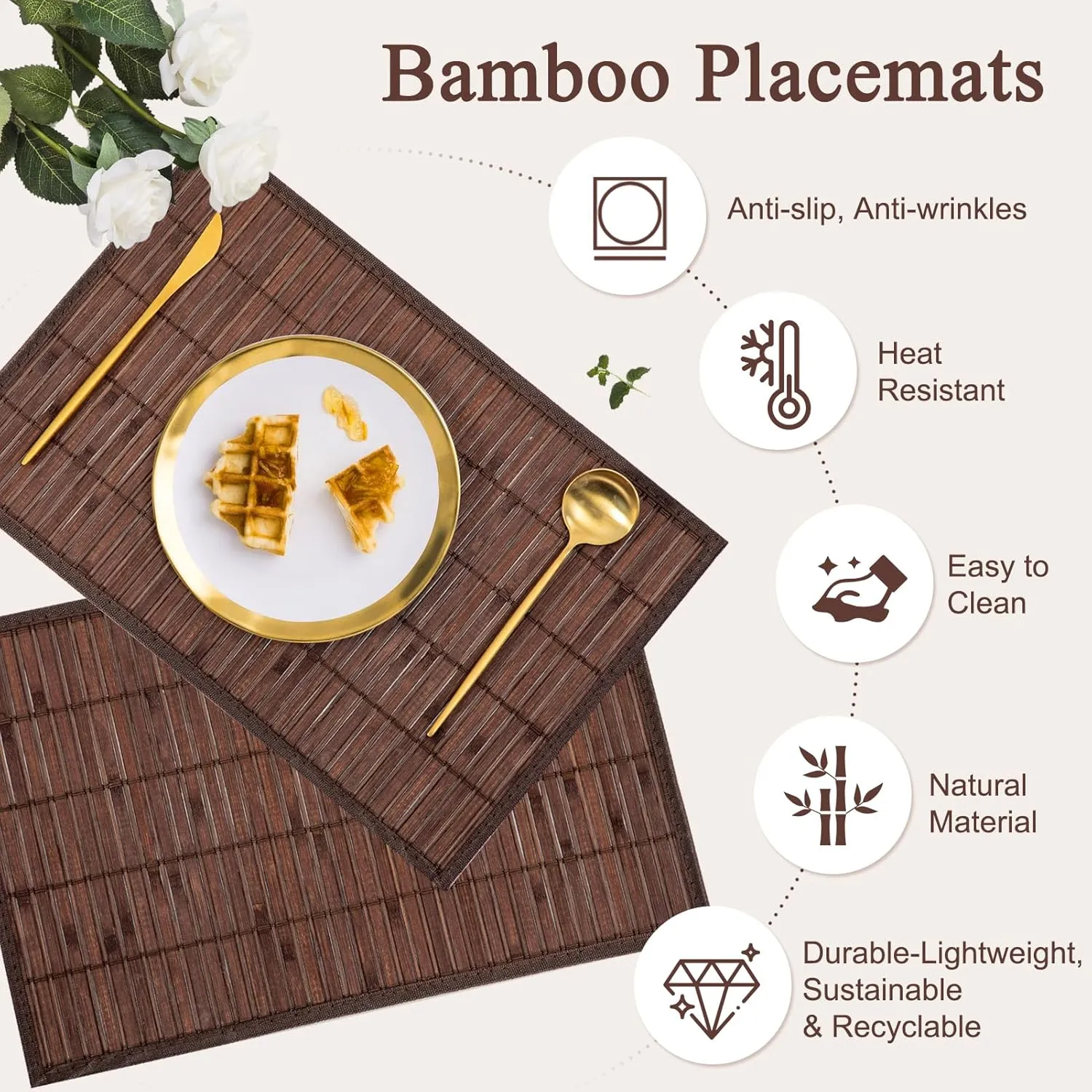 Bamboo Placemats Set of 8 Rectangular Natural Bamboo Table Mats for Dining Kitchen Table Protection Heat Resistant 17.7" W x 11.8" L Dark Brown
