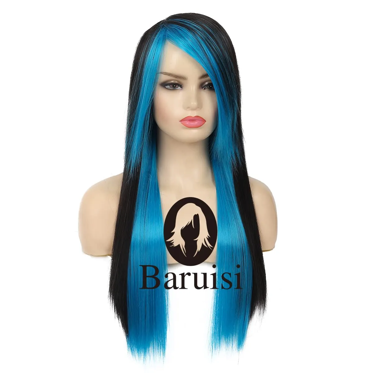Baruisi Long Blue Black Wig Silky Straight Synthetic Heat Resistant Side Bangs Halloween Costume Hair Wigs for Women Girls