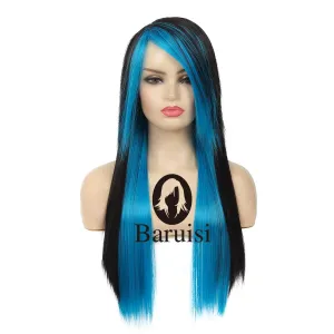 Baruisi Long Blue Black Wig Silky Straight Synthetic Heat Resistant Side Bangs Halloween Costume Hair Wigs for Women Girls