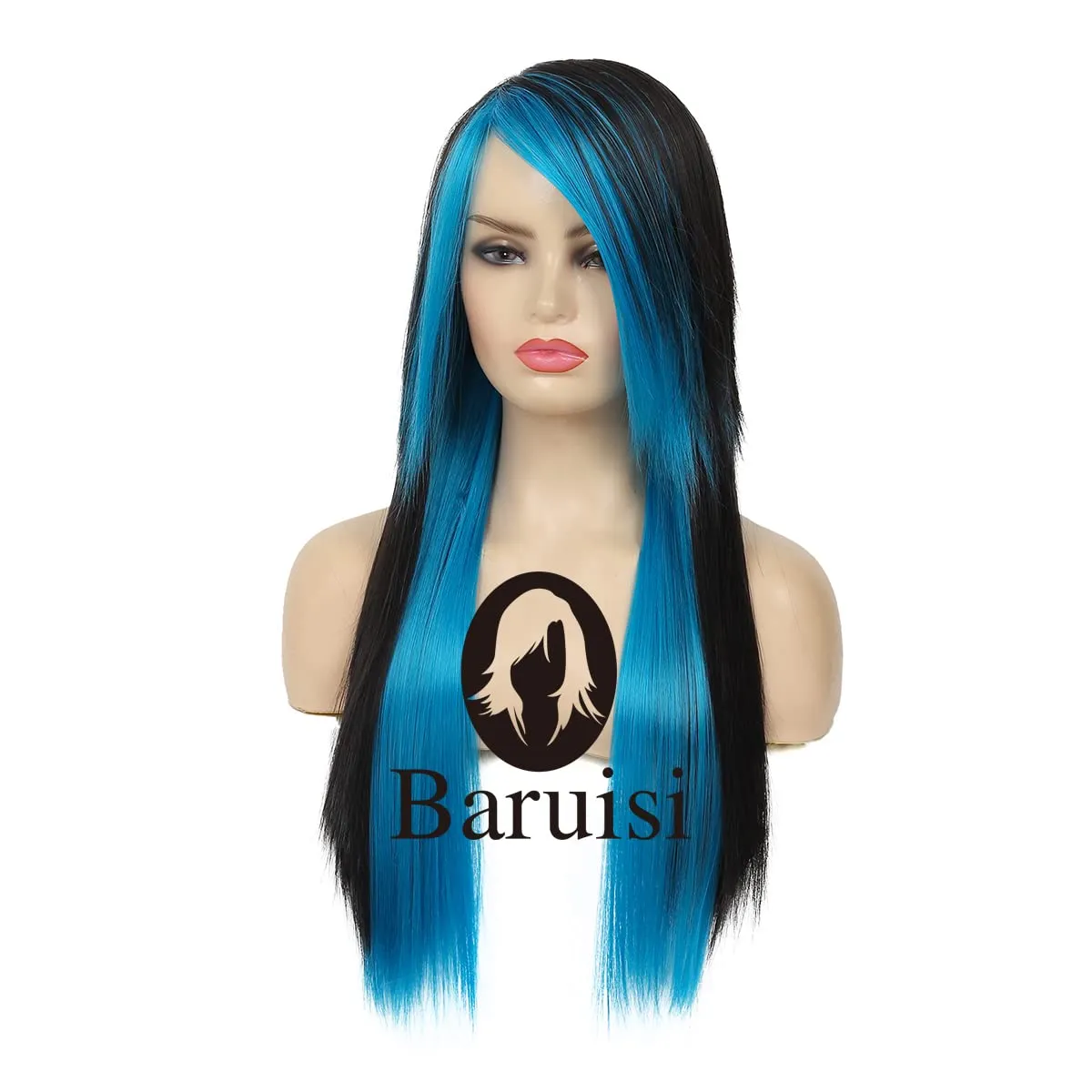Baruisi Long Blue Black Wig Silky Straight Synthetic Heat Resistant Side Bangs Halloween Costume Hair Wigs for Women Girls
