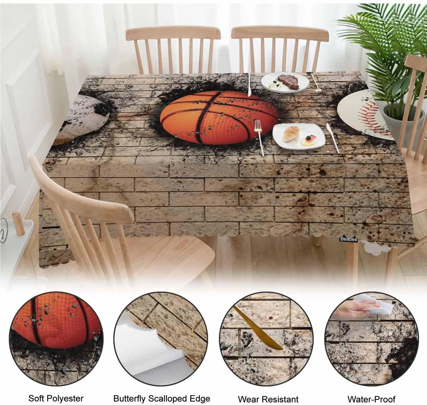 Basketball Rectangle Tablecloth 52x70 Inch Retro Baseball Soccer Brick Wall Dining Table Cloth Table Cover for Home Kitchen Restaurant Party Buffet Picnic, 4-6 Seats