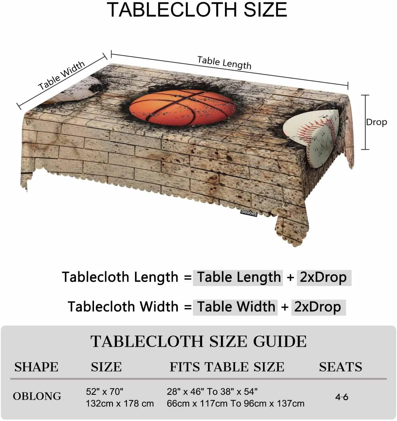 Basketball Rectangle Tablecloth 52x70 Inch Retro Baseball Soccer Brick Wall Dining Table Cloth Table Cover for Home Kitchen Restaurant Party Buffet Picnic, 4-6 Seats