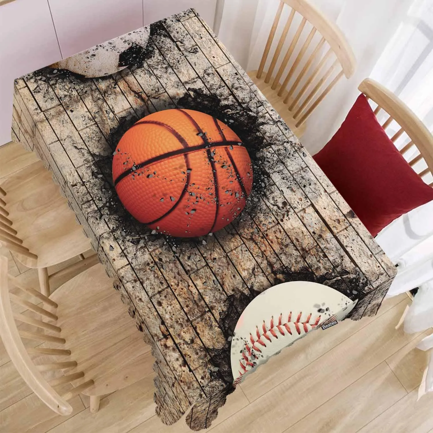 Basketball Rectangle Tablecloth 52x70 Inch Retro Baseball Soccer Brick Wall Dining Table Cloth Table Cover for Home Kitchen Restaurant Party Buffet Picnic, 4-6 Seats