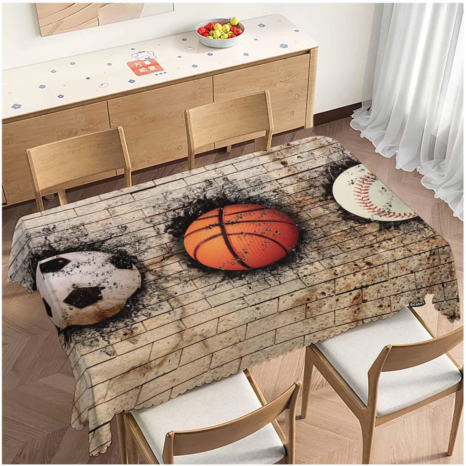Basketball Rectangle Tablecloth 52x70 Inch Retro Baseball Soccer Brick Wall Dining Table Cloth Table Cover for Home Kitchen Restaurant Party Buffet Picnic, 4-6 Seats
