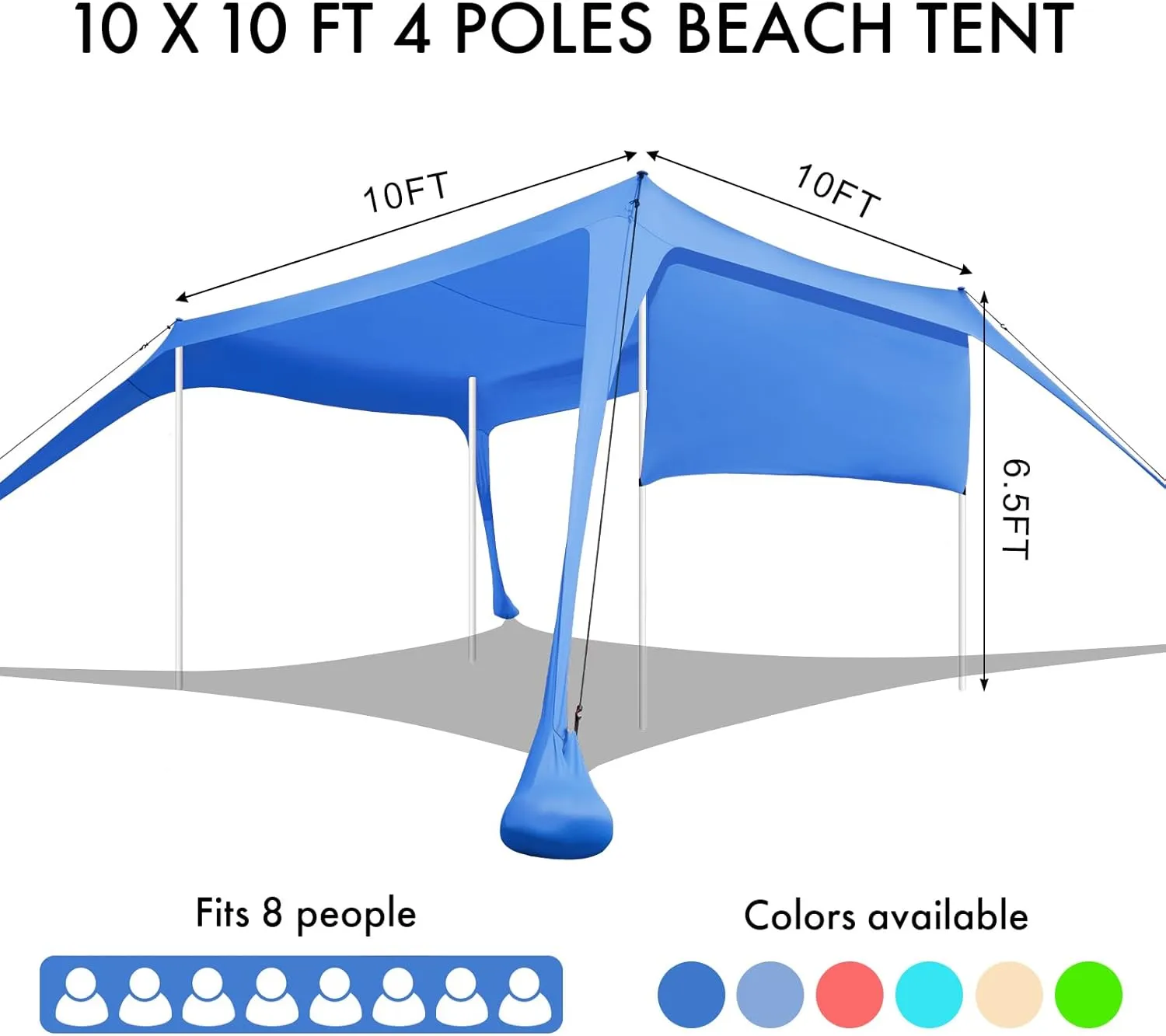 Beach Canopy Tent Shade with Sidewalls 10x10FT, 6.6FT Tall, UPF50  Sun Shelter, Windproof & Water Resistant, Includes Guylines Sand Shovel Stability Poles, Easy Up for Beach Outdoor Camping Backyard