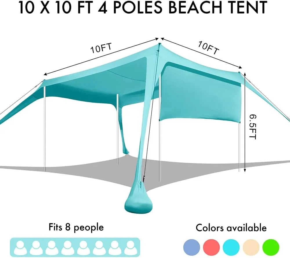 Beach Canopy Tent Shade with Sidewalls 10x10FT, 6.6FT Tall, UPF50  Sun Shelter, Windproof & Water Resistant, Includes Guylines Sand Shovel Stability Poles, Easy Up for Beach Outdoor Camping Backyard