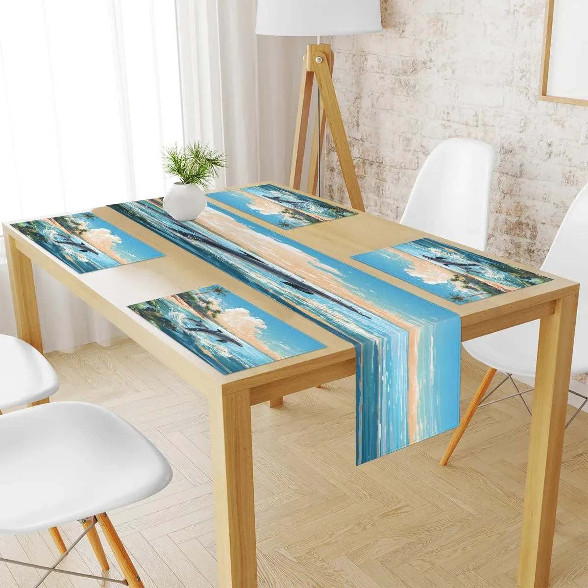 Beach Jumping Dolphin Placemats Set of 6 with Matching 72 inches Table Runner Dining Table Placemats for Home Wedding Hotel Decoration