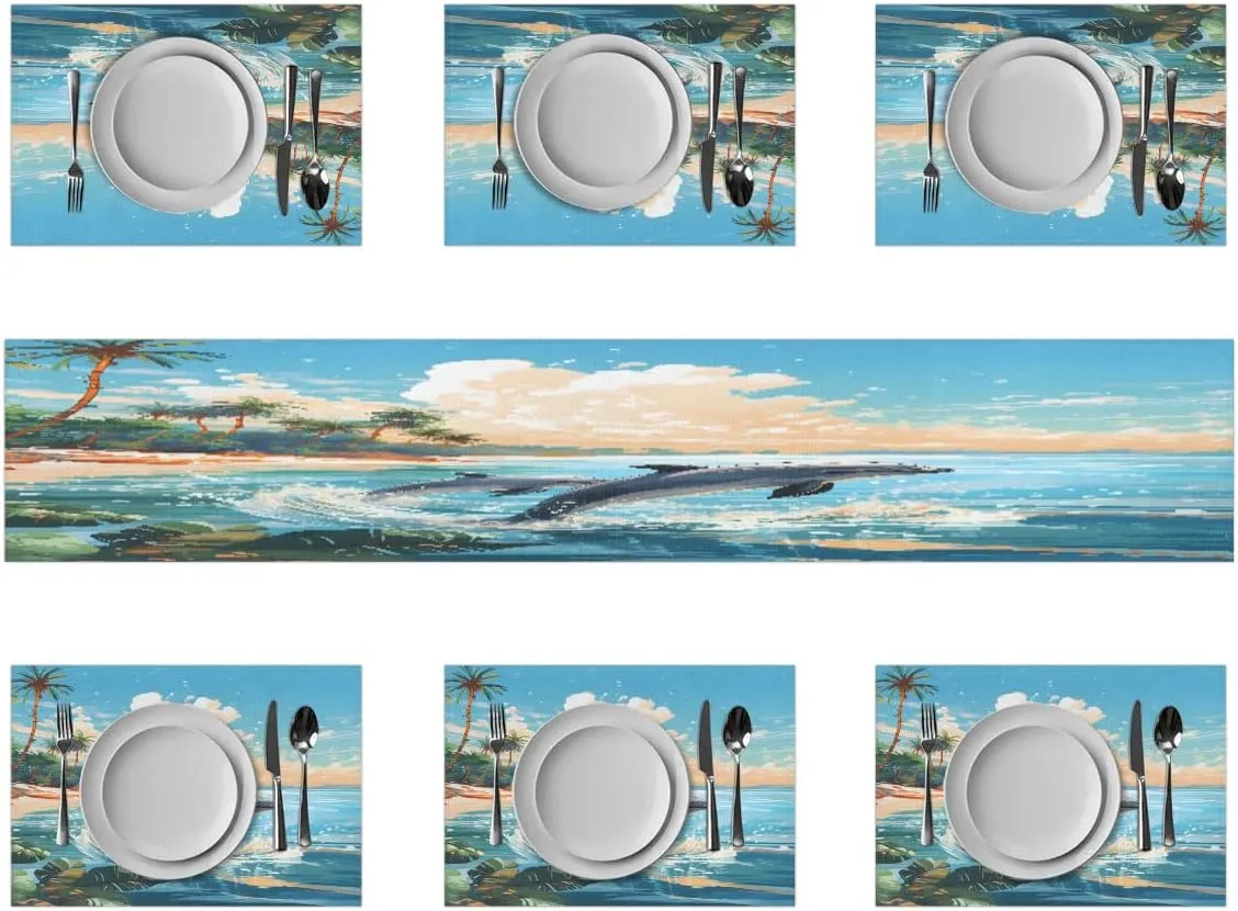 Beach Jumping Dolphin Placemats Set of 6 with Matching 72 inches Table Runner Dining Table Placemats for Home Wedding Hotel Decoration