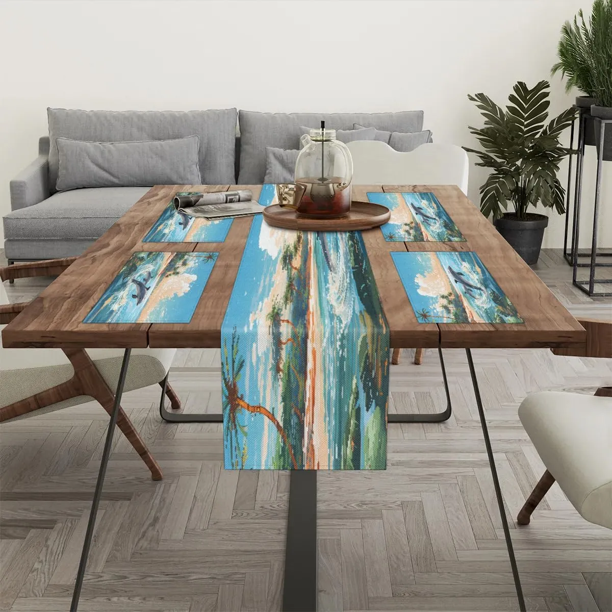 Beach Jumping Dolphin Placemats Set of 6 with Matching 72 inches Table Runner Dining Table Placemats for Home Wedding Hotel Decoration