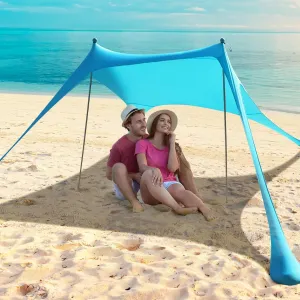 Beach Tent Sun Shelter - 9.8 x 6.5 Ft UPF50  UV Protection Beach Canopy with Poles, Sandbags,Grond Pegs and Anti-Wind Ropes for Camping, Fishing, Backyard Fun