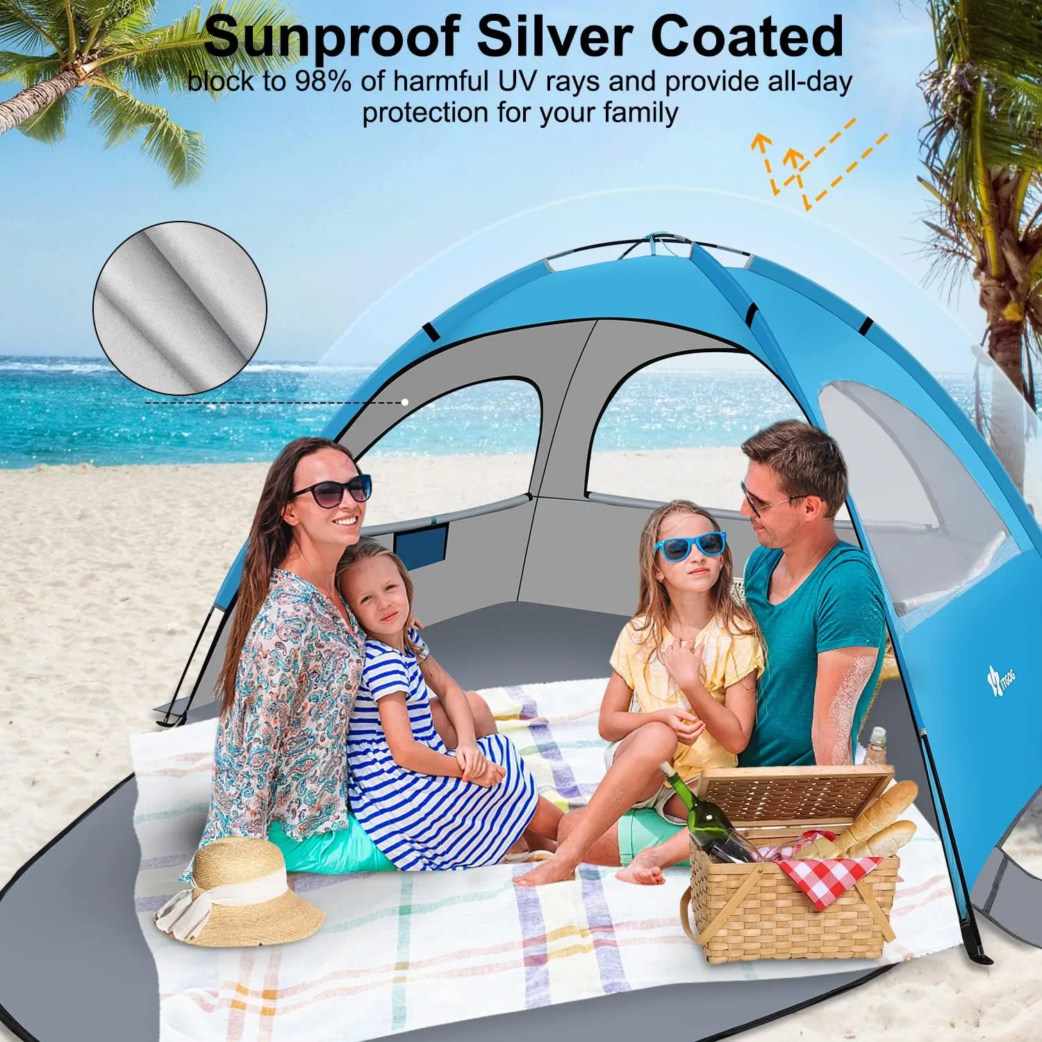 Beach Tent Sun Shelter for 3-4Person, Lightweight Beach Tent with UV Protection, 3 Mesh Roll Up Windows & 8.0mm Fiberglass, Easy Assemble
