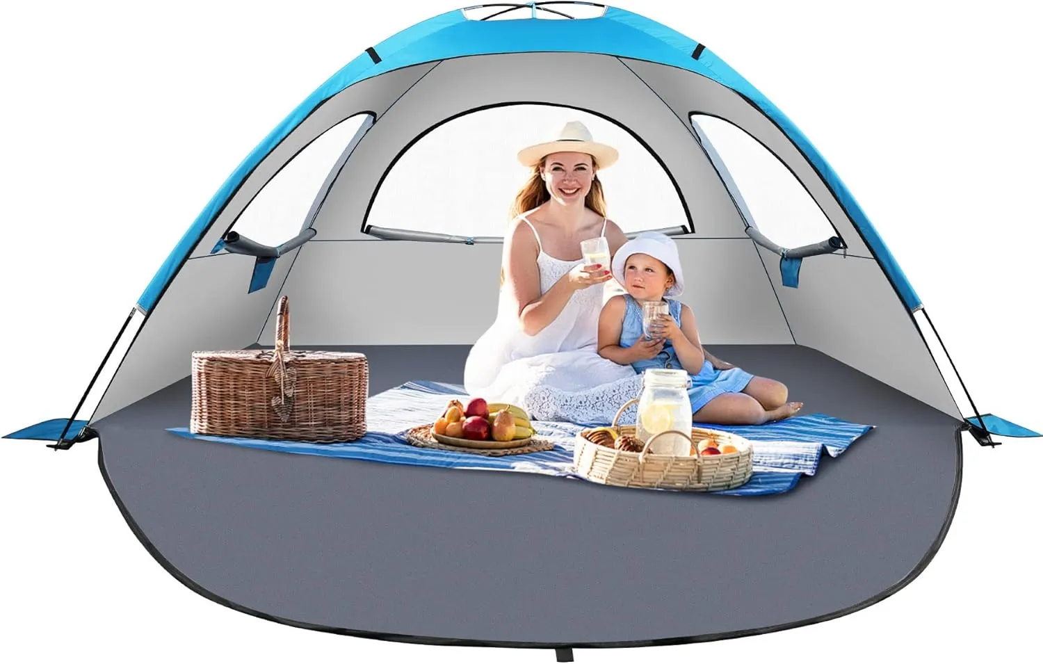Beach Tent Sun Shelter for 3-4Person, Lightweight Beach Tent with UV Protection, 3 Mesh Roll Up Windows & 8.0mm Fiberglass, Easy Assemble