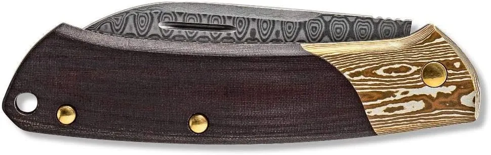 Benchmade 319-201 Proper Gold Class, 2.82" Damasteel, Mokume Bolster, Burgundy/Black Linen Micarta Handle Knife