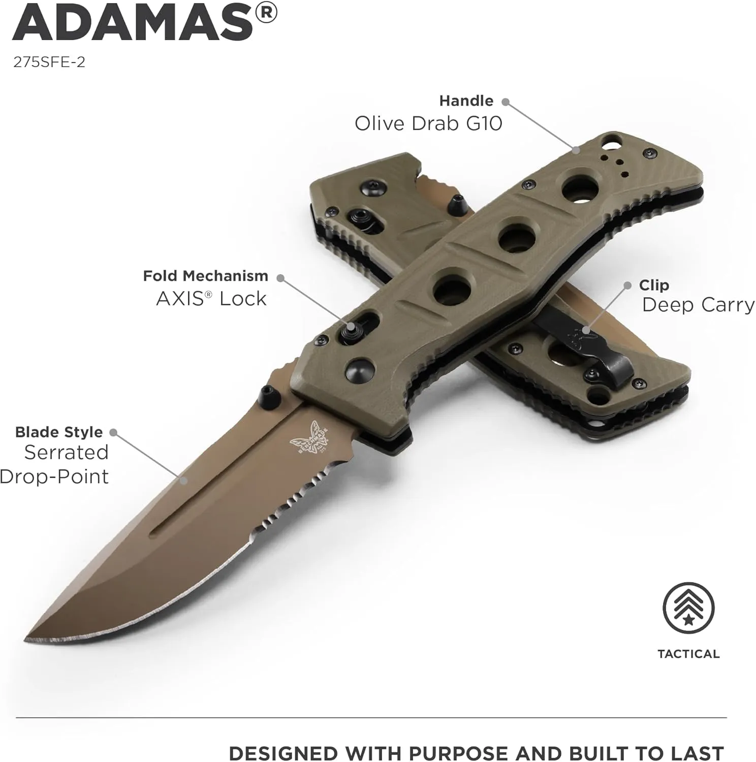 Benchmade - Adamas 275 Tactical Knife with Olive Drab Green G10 Handle (275SFE-2)
