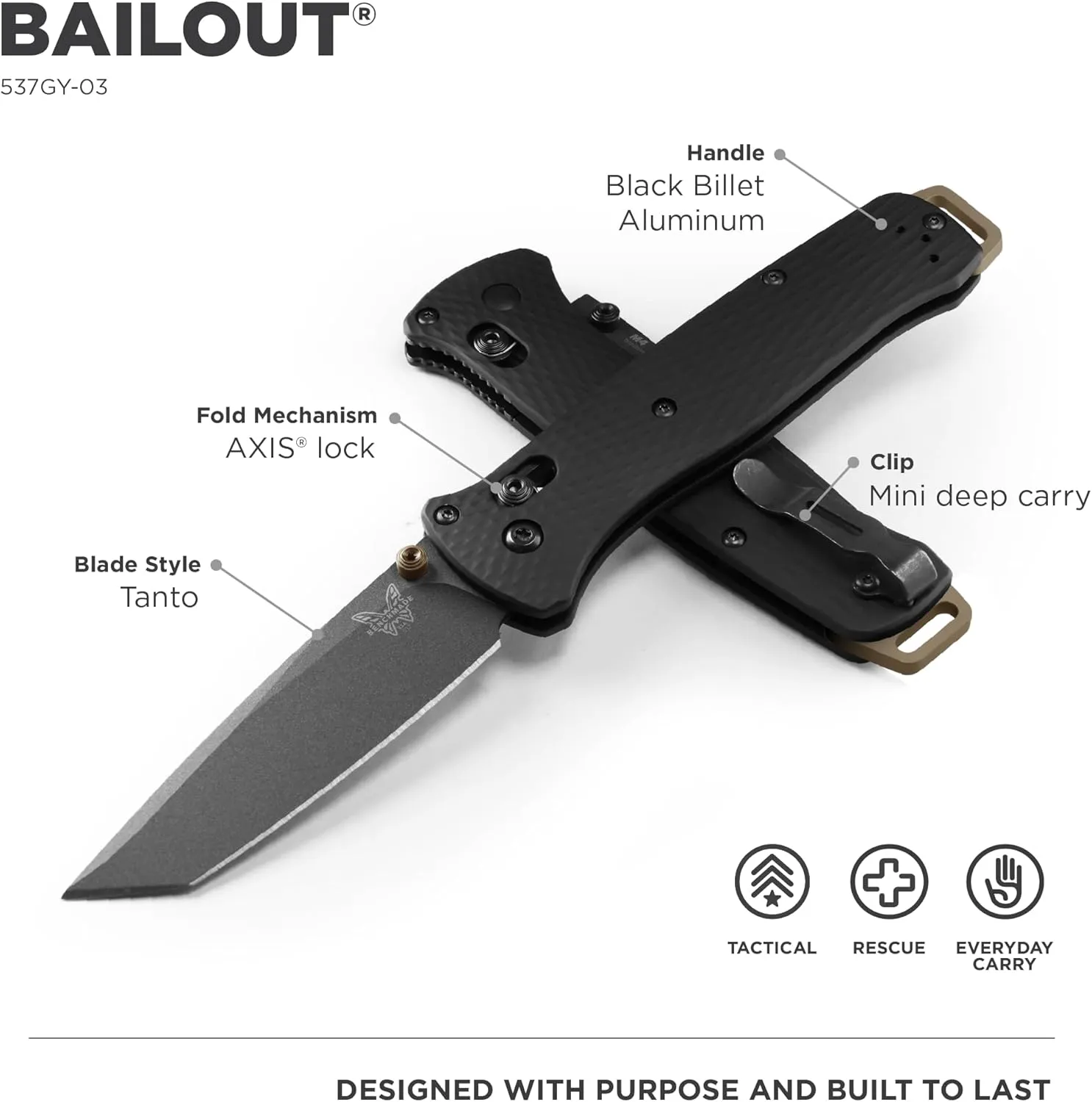 Benchmade - Bailout 537 Tactical Knife with Black Aluminum Handle (537GY-03)