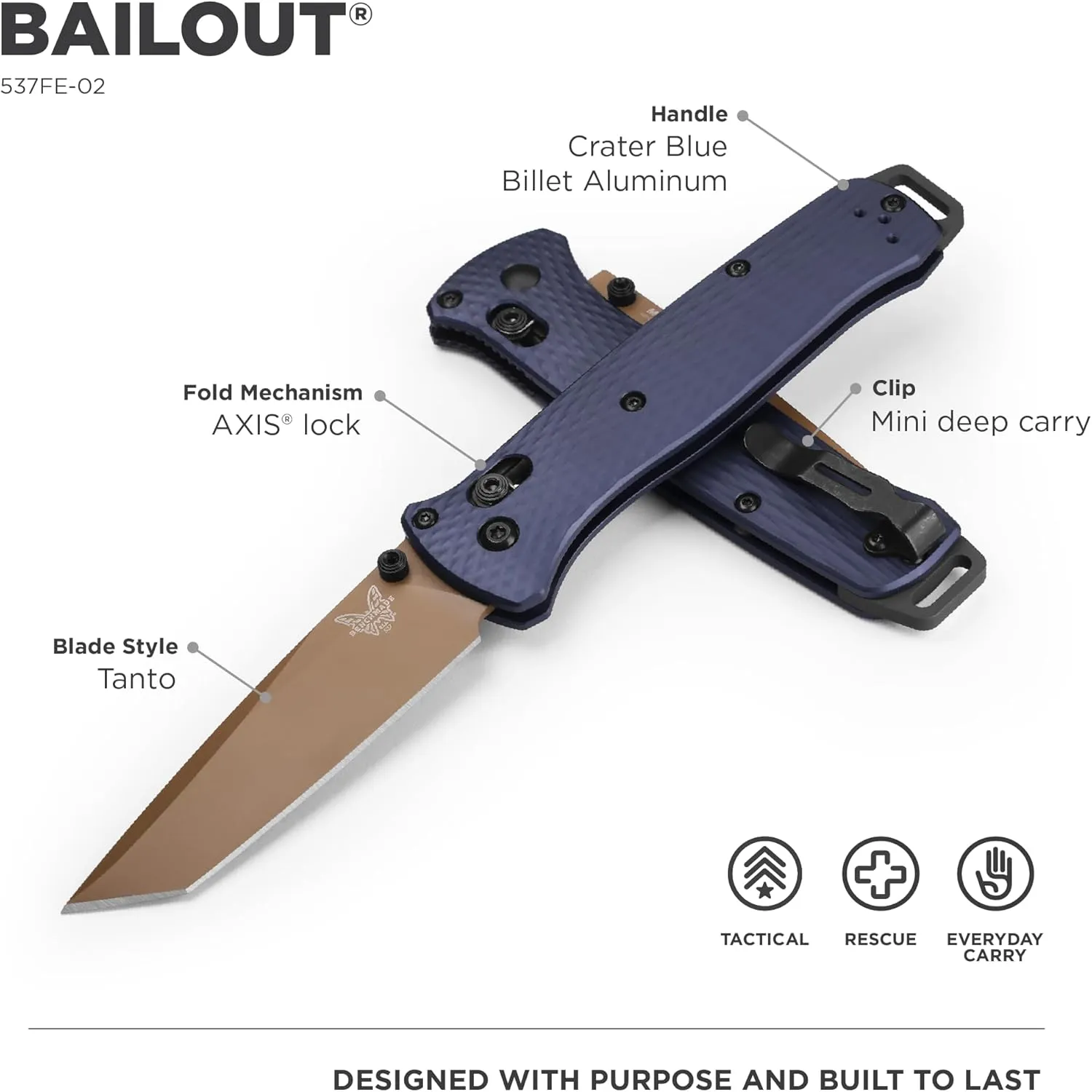 Benchmade - Bailout 537 Tactical Knife with Crater Blue Aluminum Handle (537FE-02)