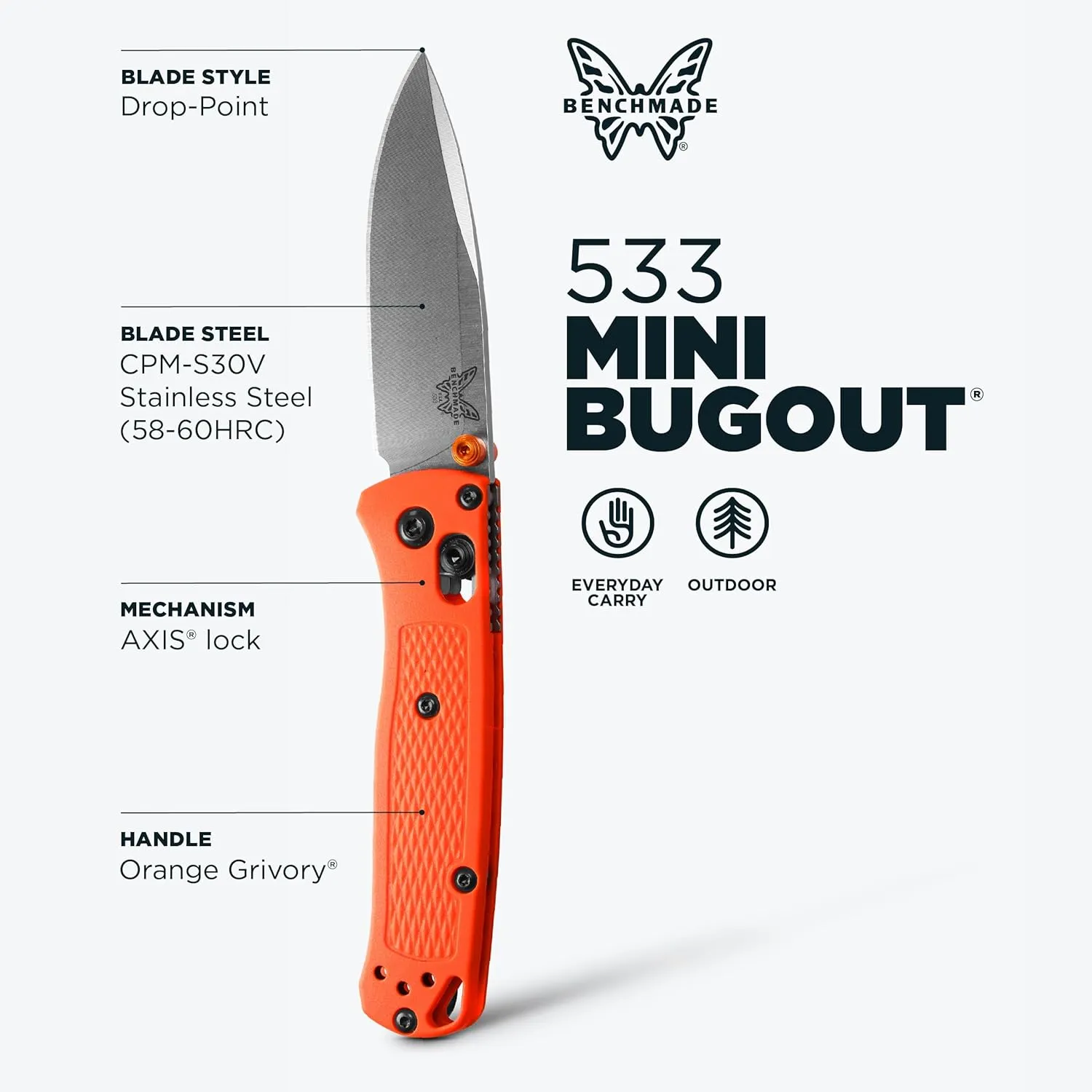 Benchmade - Mini Bugout 533 Folding Knife with Orange Grivory Handle (533)