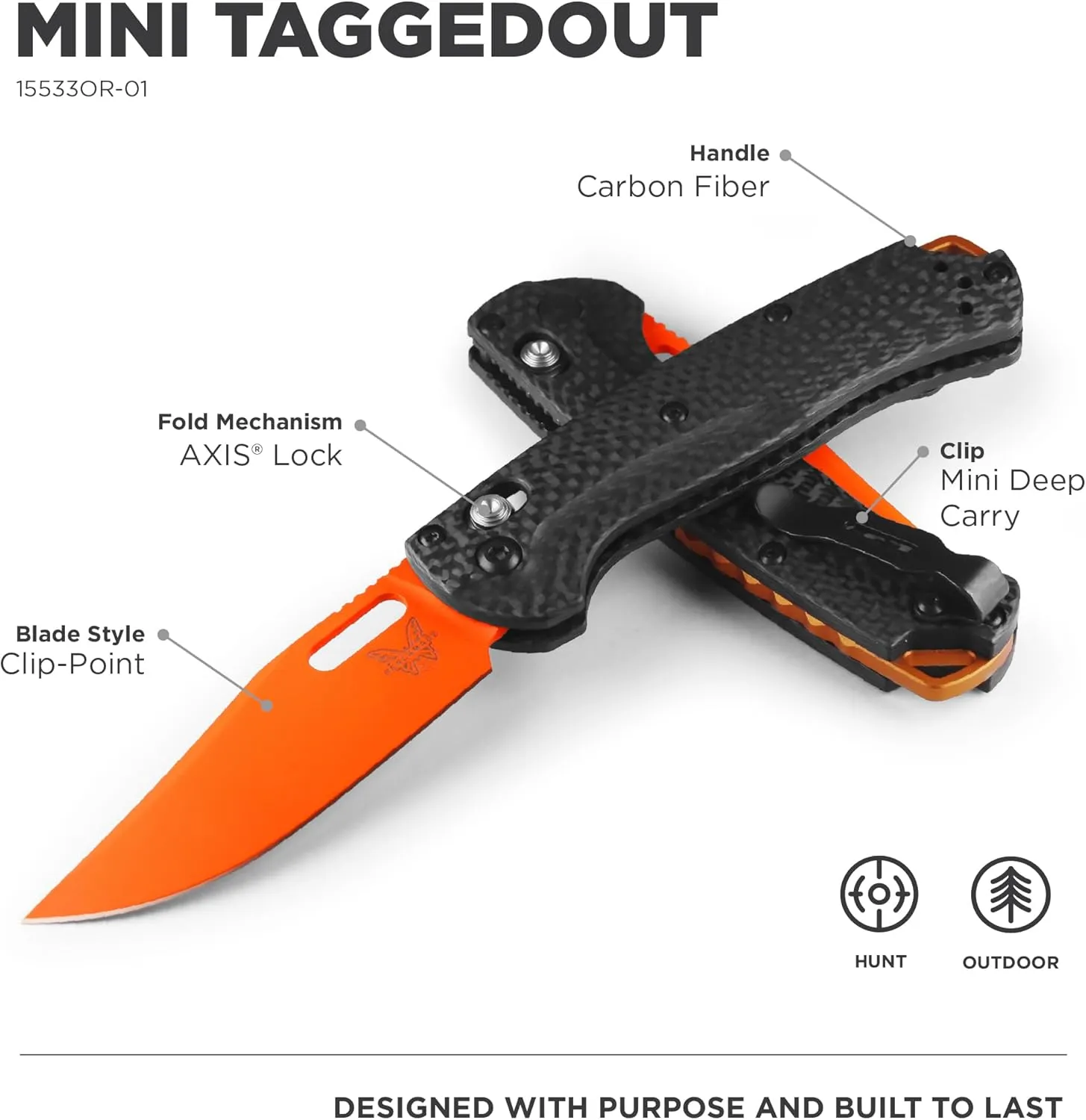 Benchmade - Mini Taggedout Folding Knife with Carbon Fiber Handle (15533OR-01)