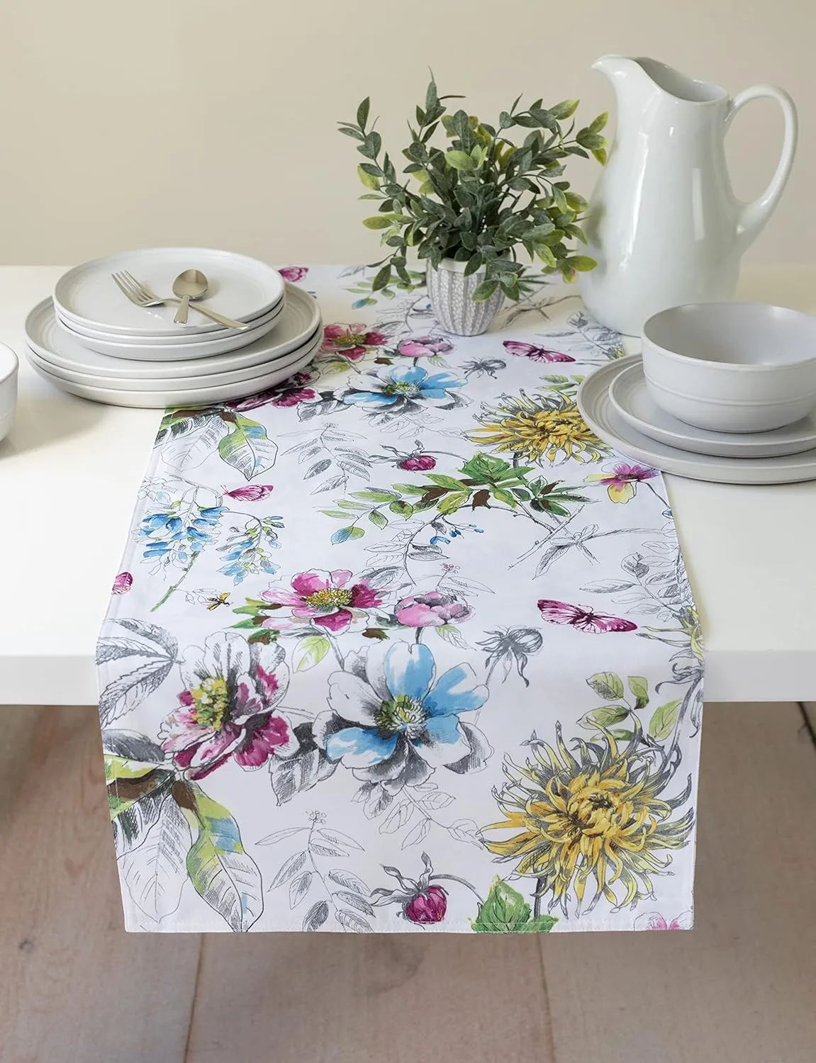 Benson Mills Indoor Outdoor Spillproof Heavyweight Fabric Home Décor Table Runner; Table Décor for Spring, Summer, Parties, Wedding Showers and Baby Showers (Blooming Floral, 16" x 108" Table Runners)
