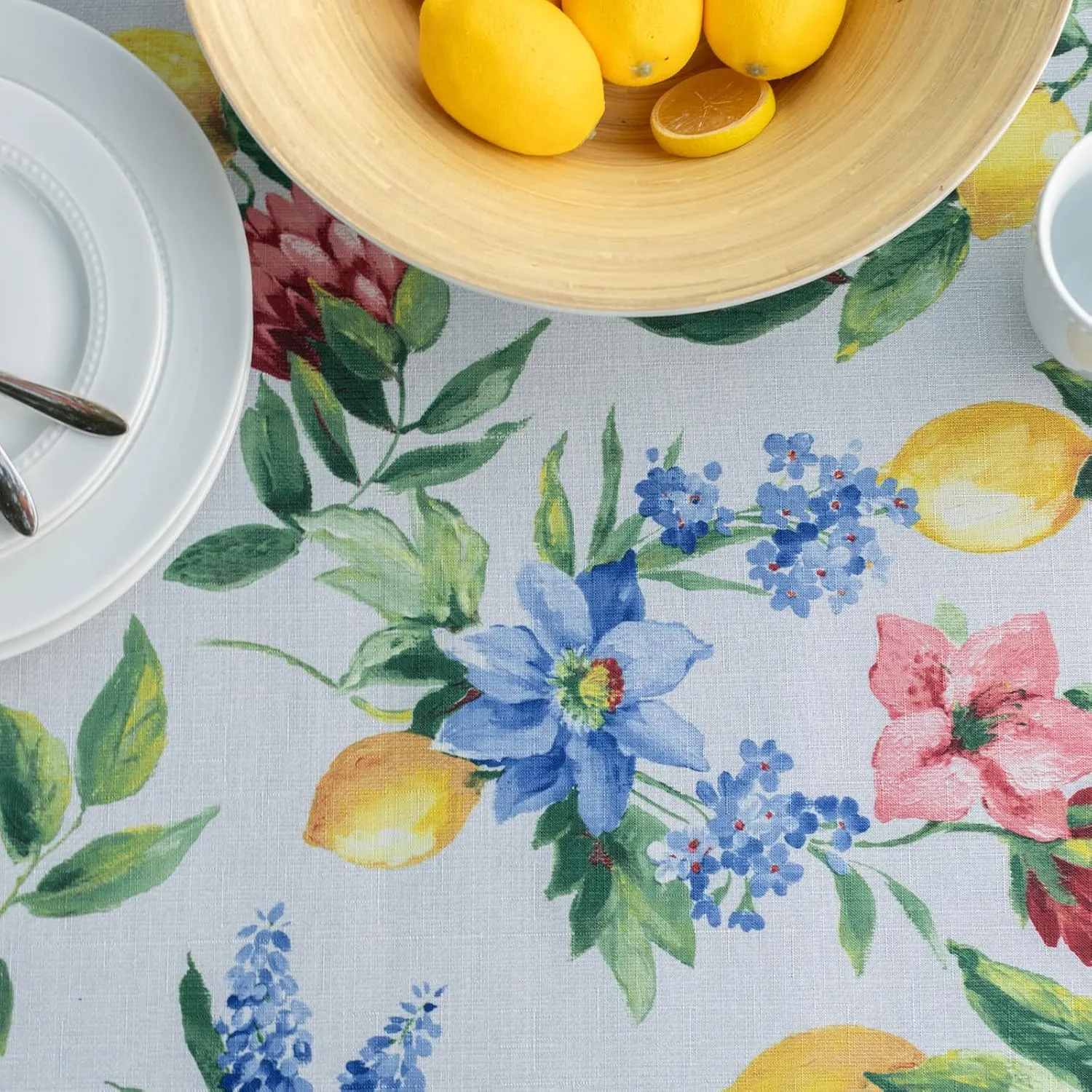 Benson Mills Spillproof Spring/Summer Durable Heavyweight Fabric Indoor Outdoor Tablecloth, Washable Table Cloth for Rectangle Tables, Picnic/Patio Table Covers (60" x 104" Rectangular, Lemon Bouquet)