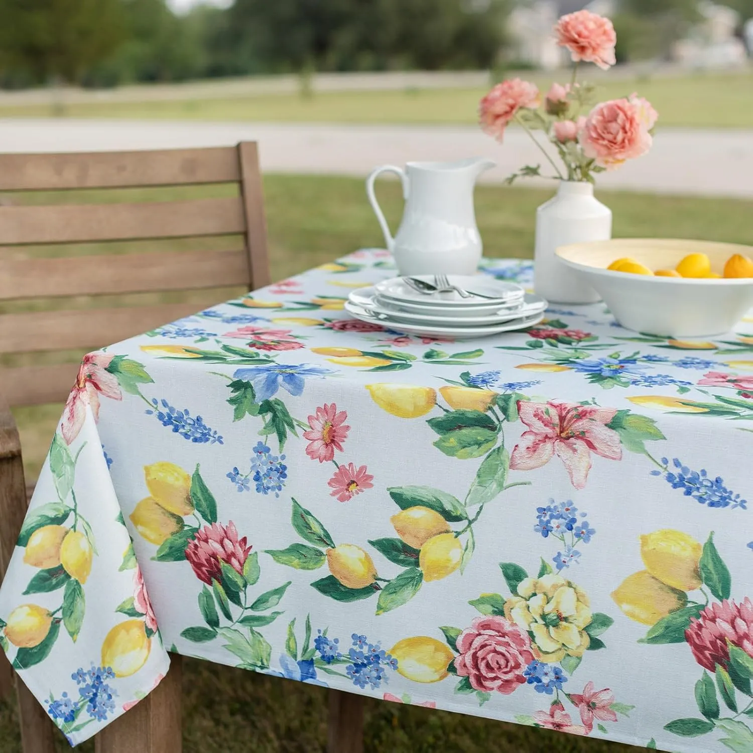 Benson Mills Spillproof Spring/Summer Durable Heavyweight Fabric Indoor Outdoor Tablecloth, Washable Table Cloth for Rectangle Tables, Picnic/Patio Table Covers (60" x 104" Rectangular, Lemon Bouquet)