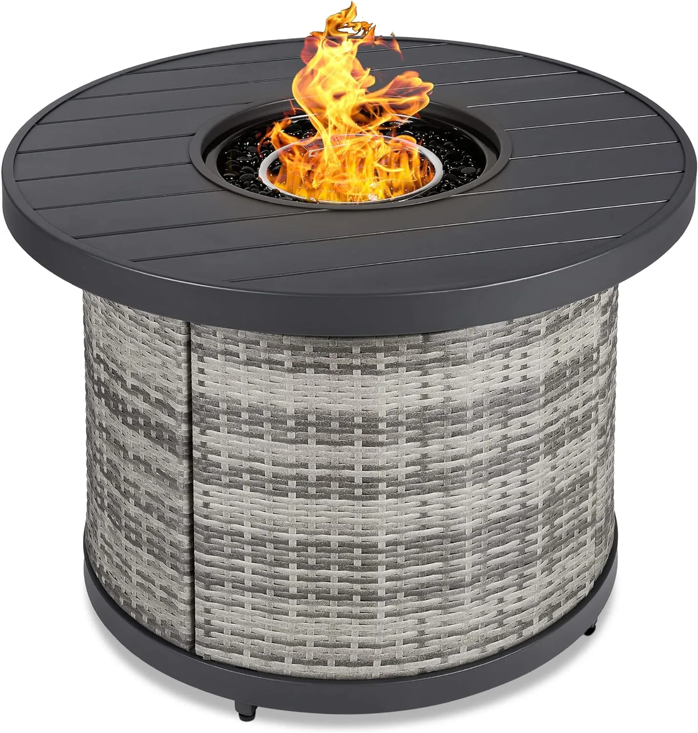 Best Choice Products 32in Round Gas Fire Pit Table, 50,000 BTU Outdoor Wicker Patio Propane Firepit w/Faux Wood Table Top, Glass Beads, Cover, Hideaway Tank Holder, Lid - Gray