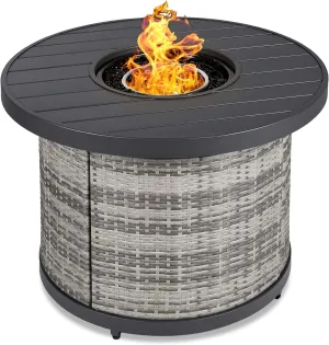Best Choice Products 32in Round Gas Fire Pit Table, 50,000 BTU Outdoor Wicker Patio Propane Firepit w/Faux Wood Table Top, Glass Beads, Cover, Hideaway Tank Holder, Lid - Gray
