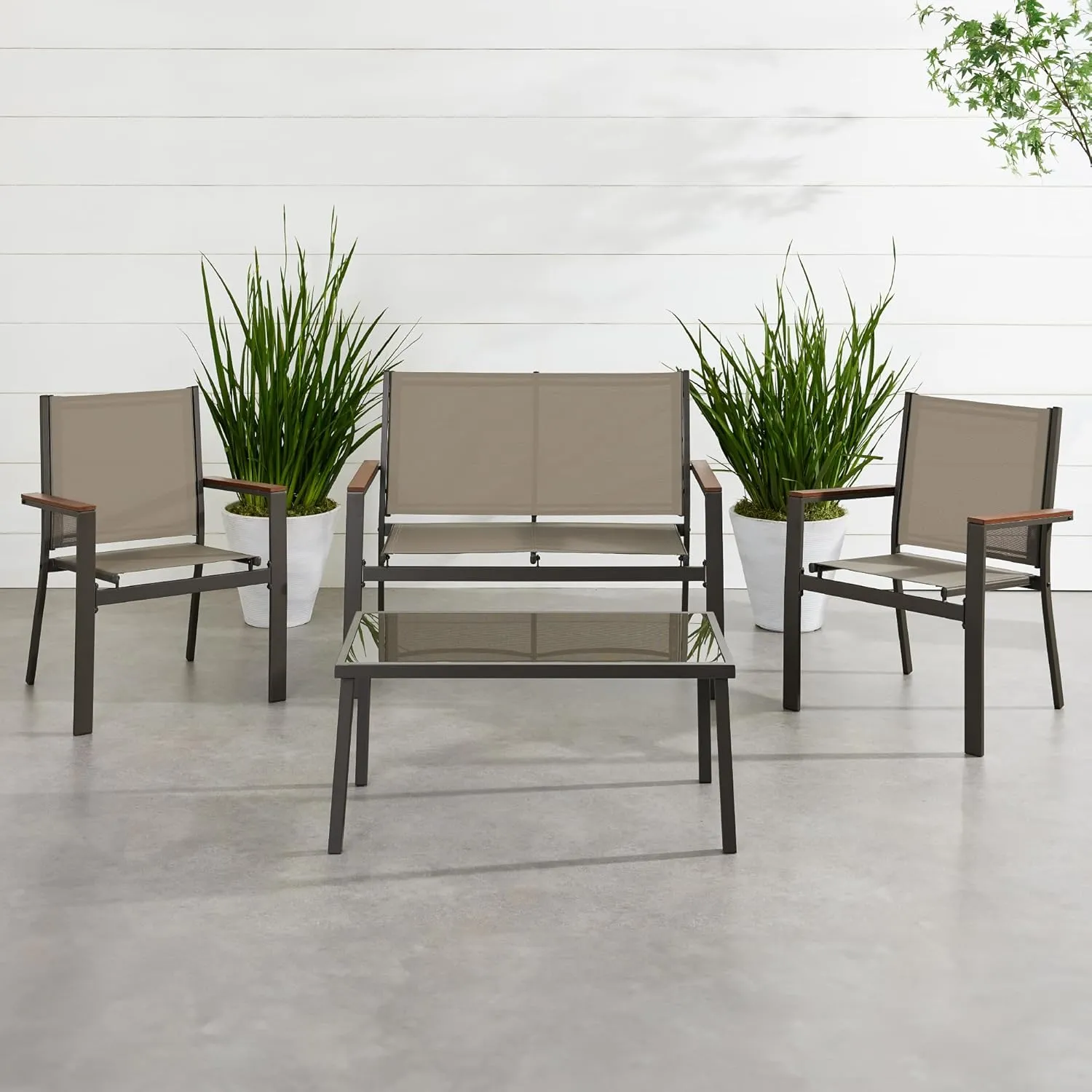 Best Choice Products 4-Piece Outdoor Textilene Patio Conversation Set, Backyard Furniture w/Loveseat, Coffee Table, Steel Frame - Brown/Brown
