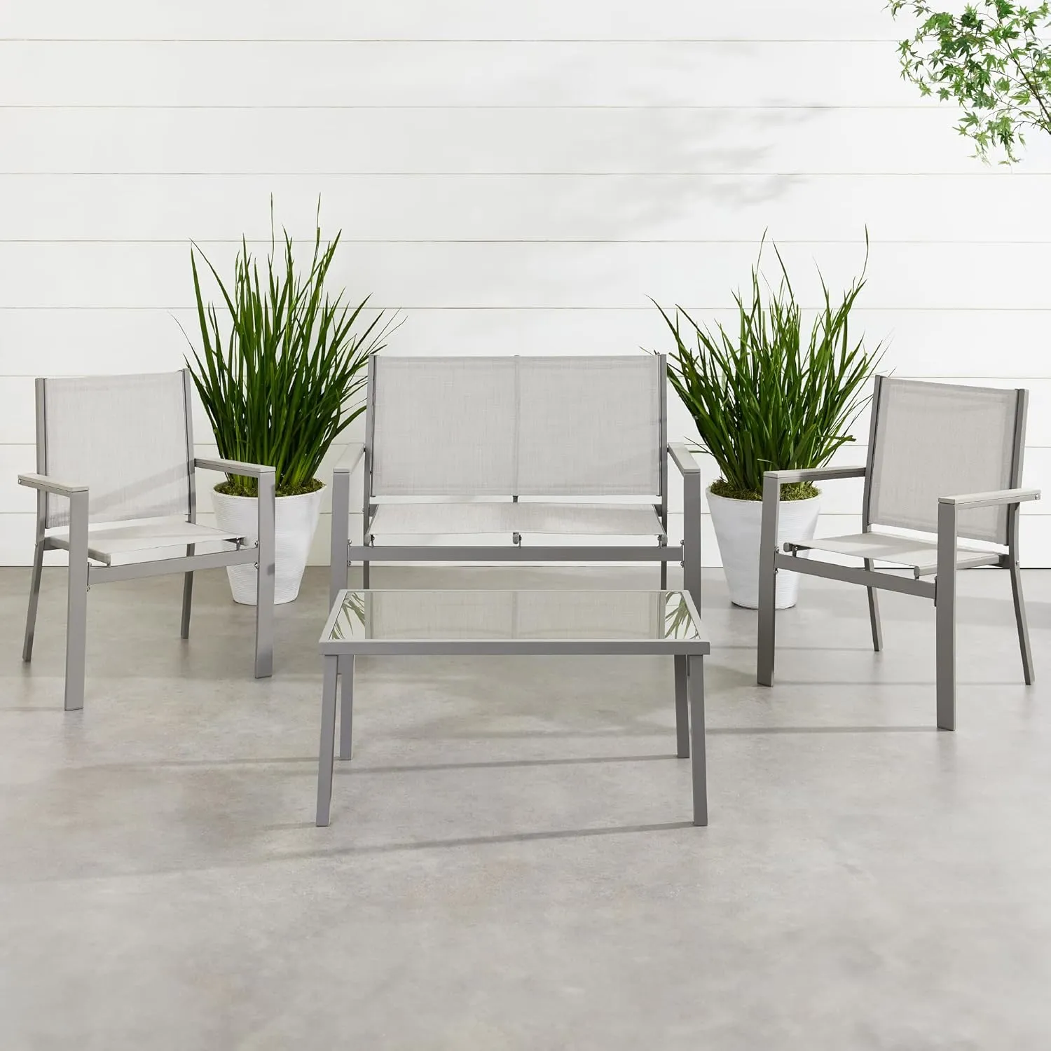 Best Choice Products 4-Piece Outdoor Textilene Patio Conversation Set, Backyard Furniture w/Loveseat, Coffee Table, Steel Frame - Gray/Gray