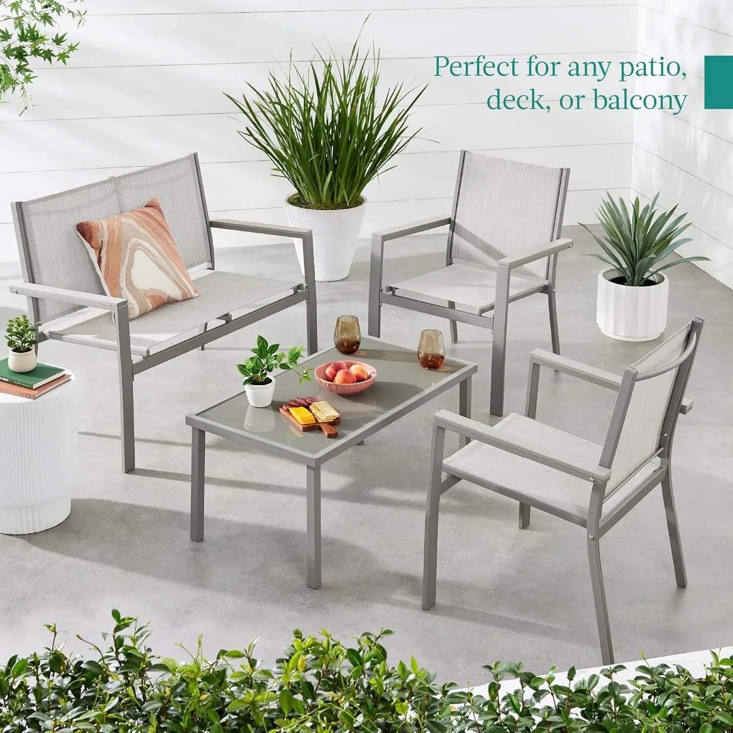 Best Choice Products 4-Piece Outdoor Textilene Patio Conversation Set, Backyard Furniture w/Loveseat, Coffee Table, Steel Frame - Gray/Gray