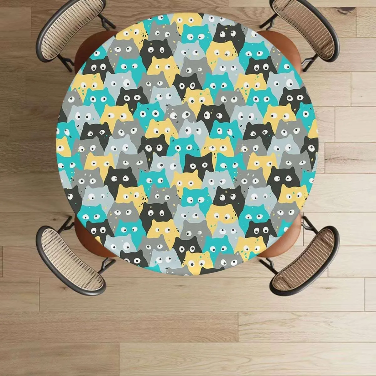 Black Blue Round Table Cloth with Elastic Edged Colourful Cartoon Animal Childhood Washable Waterproof Table Cover Tabletop Decoration Abstract Fits up 45"-50" Diameter Tables