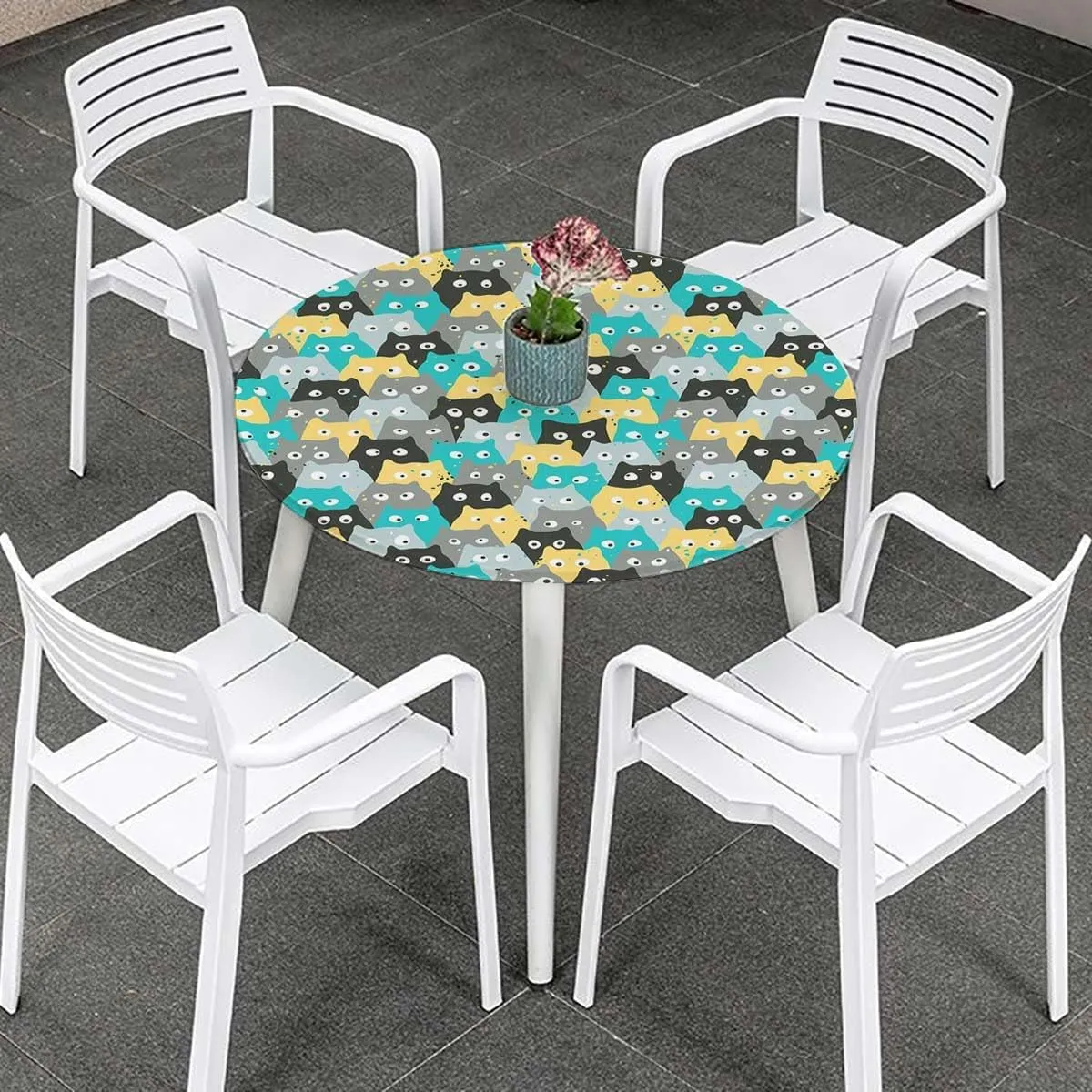 Black Blue Round Table Cloth with Elastic Edged Colourful Cartoon Animal Childhood Washable Waterproof Table Cover Tabletop Decoration Abstract Fits up 45"-50" Diameter Tables