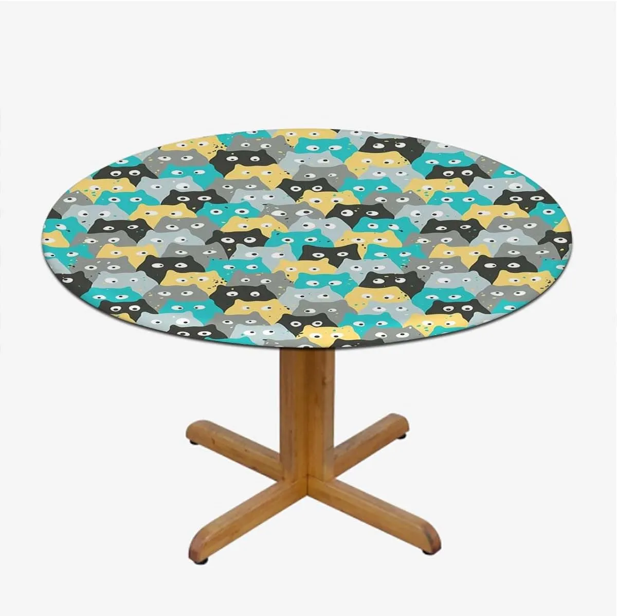 Black Blue Round Table Cloth with Elastic Edged Colourful Cartoon Animal Childhood Washable Waterproof Table Cover Tabletop Decoration Abstract Fits up 45"-50" Diameter Tables