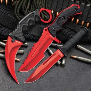 BLACK LEGION Red Fury Triple Knife Set – Includes Metallic Red Stainless Steel Karambit, Huntsman, Military Knife, Individual Nylon Sheaths – A Knife for Every Need