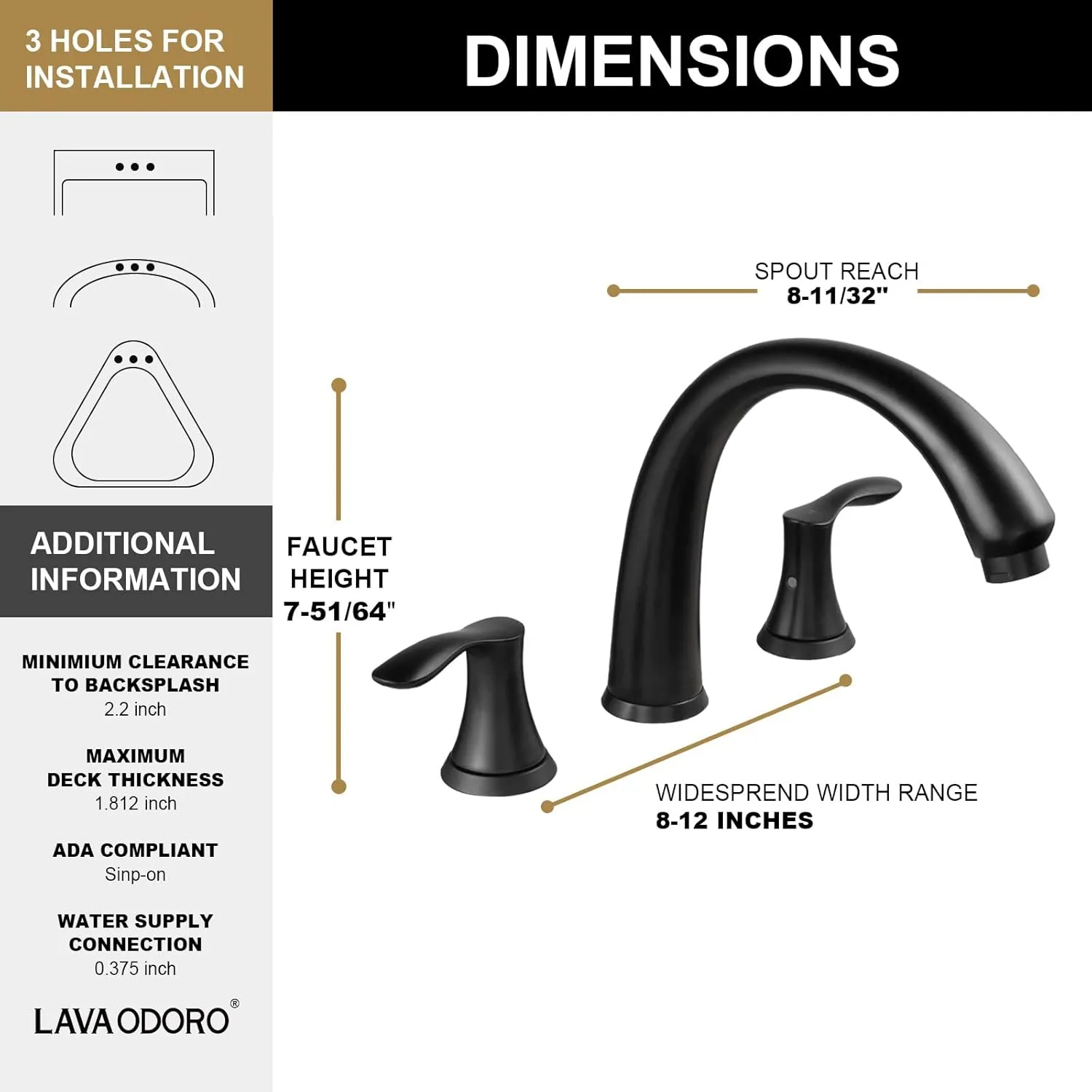 Black Roman Tub Faucet with Valve, Lava Odoro 8 inch Widespread Bathtub Faucet with Valve, High Flow 2 Handle Deck Mount Tub Faucet, Solid Brass 3 Hole Bath Tub Filler TF405-MB