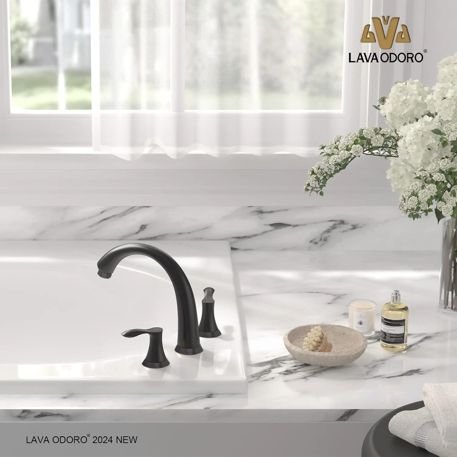 Black Roman Tub Faucet with Valve, Lava Odoro 8 inch Widespread Bathtub Faucet with Valve, High Flow 2 Handle Deck Mount Tub Faucet, Solid Brass 3 Hole Bath Tub Filler TF405-MB