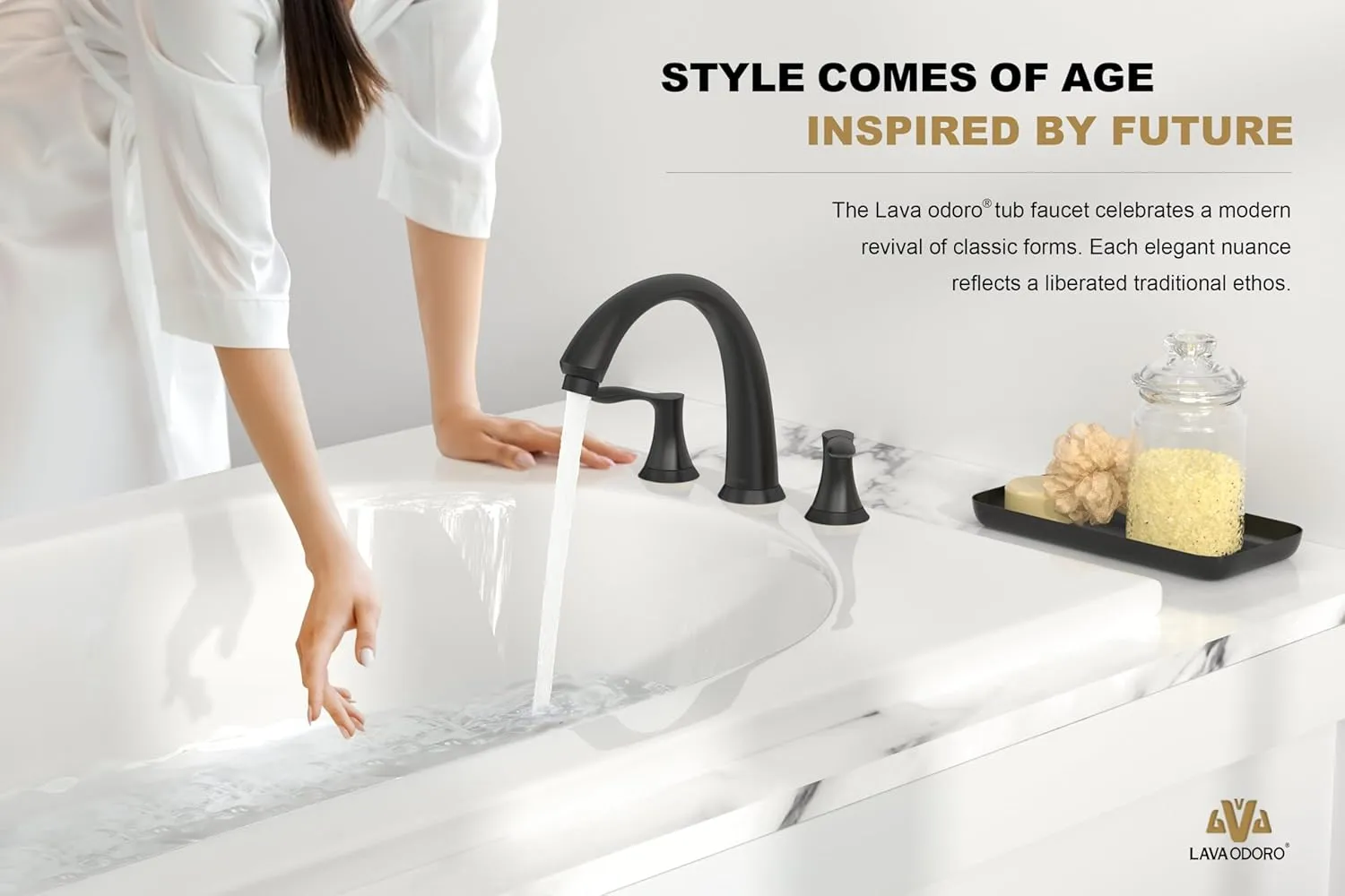 Black Roman Tub Faucet with Valve, Lava Odoro 8 inch Widespread Bathtub Faucet with Valve, High Flow 2 Handle Deck Mount Tub Faucet, Solid Brass 3 Hole Bath Tub Filler TF405-MB