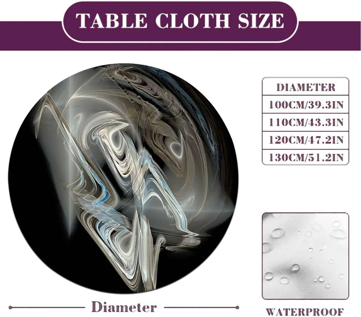 Black Waves Tablecloth -Fitted with Elastic Marble Pattern Abstract Elastic Edge Waterproof Table Cover Table Cloth for Round Table Fit for 40"-43" Diameter Table Acrylic Texture