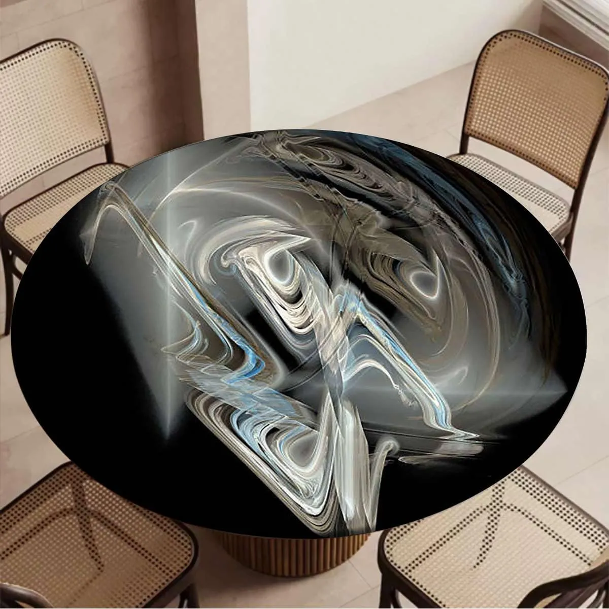 Black Waves Tablecloth -Fitted with Elastic Marble Pattern Abstract Elastic Edge Waterproof Table Cover Table Cloth for Round Table Fit for 40"-43" Diameter Table Acrylic Texture